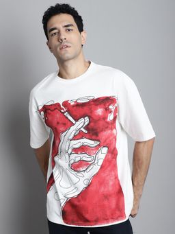 DOOR74 - Men White Smoking Is Injurious Premium Printed Oversize T-Shirt