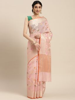 Banarasi Silk Works - Pink Mulberry Silk Tilfi Jaal Zari Border Saree with Unstitched Blouse