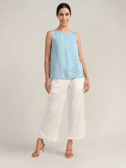 Saltpetre - Women Tencel Blue Boat Neck Top with Cream Palazzo