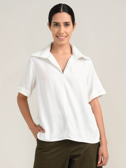 Saltpetre - Women Off White Tencel Collar Neck Top