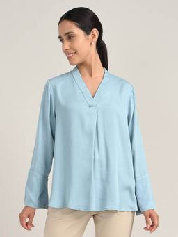 Saltpetre - Women Blue Tencel V-Neck Bell Sleeve Top