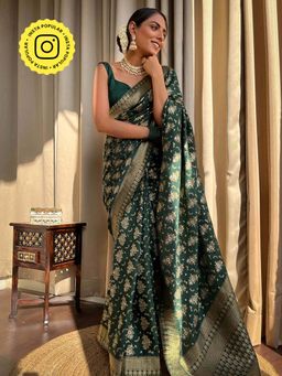 ZILIKAA - Bottle Green Banarasi Uppada Silk Saree with Unstitched Blouse