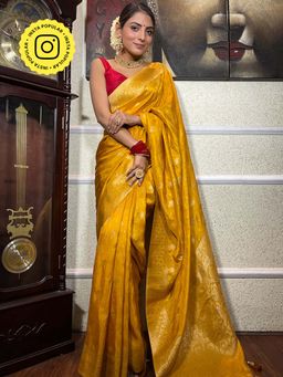 ZILIKAA - Mustard Yellow Banarasi Uppada Silk Saree with Unstitched Blouse