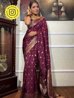 ZILIKAA - Plum Wine Banarasi Uppada Silk Saree with Unstitched Blouse