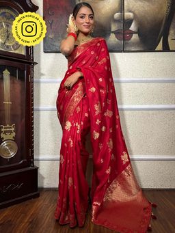 ZILIKAA - Scarlet Red Banarasi Uppada Silk Saree with Unstitched Blouse
