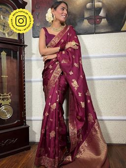 ZILIKAA - Sangria Wine Banarasi Uppada Silk Saree with Unstitched Blouse