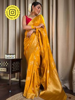 ZILIKAA - Mustard Yellow Banarasi Uppada Silk Saree with Unstitched Blouse