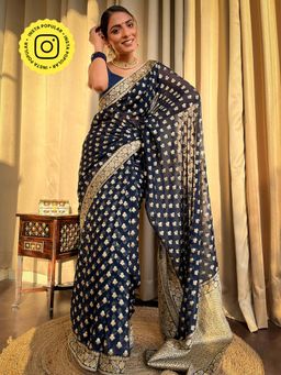 ZILIKAA - Midnight Blue Banarasi Khaddi Weaved Georgette Saree with Unstitched Blouse