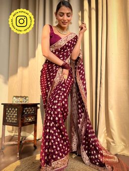 ZILIKAA - Sangria Wine Banarasi Khaddi Weaved Georgette Saree with Unstitched Blouse