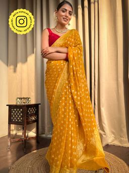 ZILIKAA - Mustard Yellow Banarasi Khaddi Weaved Georgette Saree with Unstitched Blouse