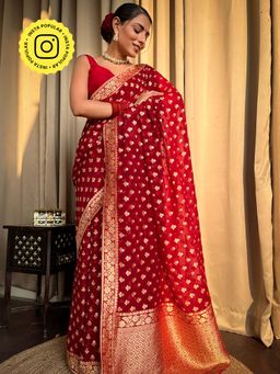 ZILIKAA - Scarlet Red Banarasi Khaddi Weaved Georgette Saree with Unstitched Blouse