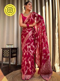 ZILIKAA - Queen Pink Banarasi Khaddi Weaved Georgette Saree with Unstitched Blouse