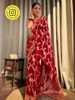 ZILIKAA - Scarlet Red Banarasi Khaddi Weaved Georgette Saree with Unstitched Blouse