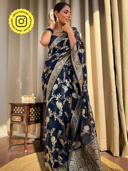 ZILIKAA - Midnight Blue Banarasi Khaddi Weaved Georgette Saree with Unstitched Blouse