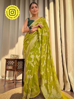 ZILIKAA - Baby Mehendi Banarasi Khaddi Weaved Georgette Saree with Unstitched Blouse