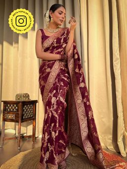 ZILIKAA - Sangria Wine Banarasi Khaddi Weaved Georgette Saree with Unstitched Blouse
