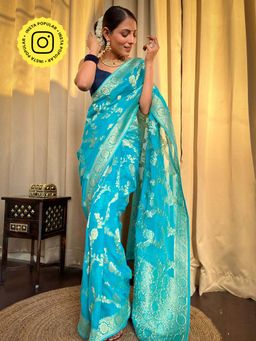 ZILIKAA - Firozi Blue Banarasi Khaddi Weaved Georgette Saree with Unstitched Blouse