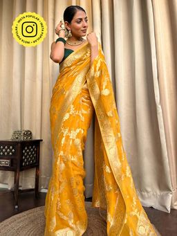ZILIKAA - Mustard Yellow Banarasi Khaddi Weaved Georgette Saree with Unstitched Booti Border Blouse