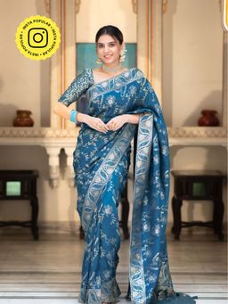 ZILIKAA - Teal Blue Banarasi Uppada Silk Saree with Unstitched Blouse