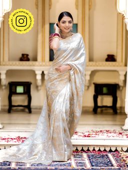 ZILIKAA - Pearl White Banarasi Uppada Silk Saree with Unstitched Blouse
