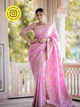 ZILIKAA - Baby Pink Banarasi Uppada Silk Saree with Unstitched Blouse