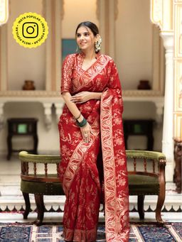 ZILIKAA - Scarlet Red Banarasi Uppada Silk Saree with Unstitched Blouse