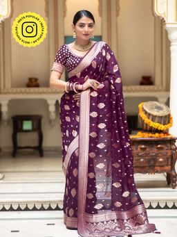ZILIKAA - Plum Purple Banarasi Khadi Weaved Georgette Saree with Unstitched Blouse