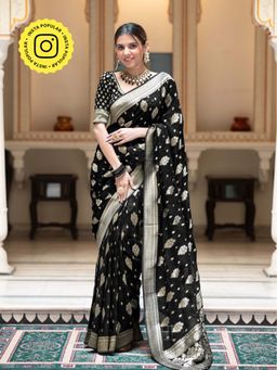 ZILIKAA - Midnight Black Banarasi Khadi Weaved Georgette Saree with Unstitched Blouse