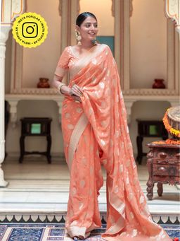 ZILIKAA - Salmon Peach Banarasi Khadi Weaved Georgette Saree with Unstitched Blouse