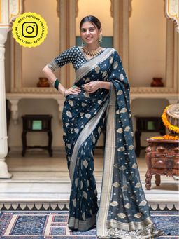 ZILIKAA - Midnight Blue Banarasi Khadi Weaved Georgette Saree with Unstitched Blouse