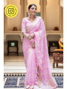 ZILIKAA - Baby Pink Banarasi Khadi Weaved Georgette Saree with Unstitched Blouse