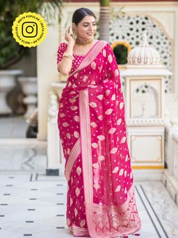 ZILIKAA - Queen Pink Banarasi Khadi Georgette Saree with Unstitched Blouse