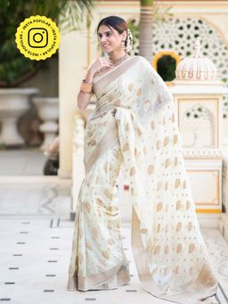 ZILIKAA - Ivory White Banarasi Khadi Weaved Georgette Saree with Unstitched Blouse