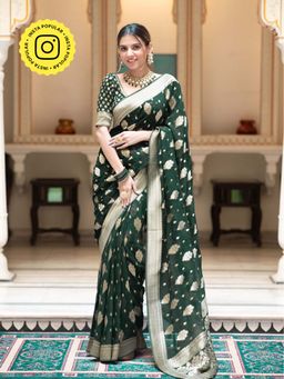 ZILIKAA - Bottle Green Banarasi Khadi Weaved Georgette Saree with Unstitched Blouse