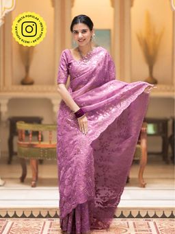ZILIKAA - Purple Embroidery French Silk Saree with Unstitched Blouse