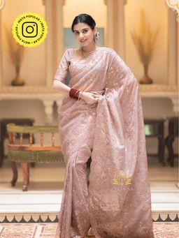 ZILIKAA - Orchid Peach Embroidery French Silk Saree with Unstitched Blouse
