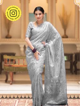 ZILIKAA - Smoky Grey Embroidery French Silk Saree with Unstitched Blouse