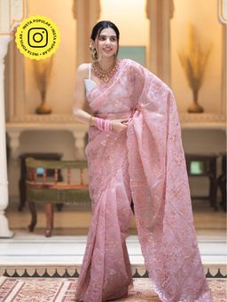 ZILIKAA - Salmon Pink Embroidery French Silk Saree with Unstitched Blouse
