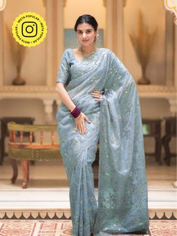 ZILIKAA - Aqua Blue Embroidery French Silk Saree with Unstitched Blouse