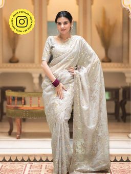 ZILIKAA - Off White Embroidery French Silk Saree with Unstitched Blouse