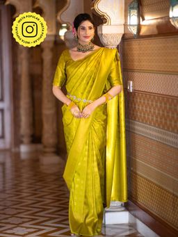 ZILIKAA - Baby Mehndi Green Kanjeevaram Silk Saree with Unstitched Blouse
