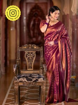 ZILIKAA - Sangria Wine Kanjeevaram Silk Saree with Unstitched Blouse