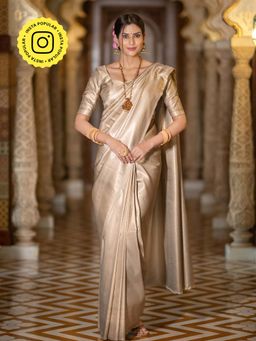 ZILIKAA - Beige Kanchipuram Silk Saree with Unstitched Blouse