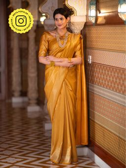 ZILIKAA - Medallion Mustard Yellow Kanchipuram Silk Saree with Unstitched Blouse