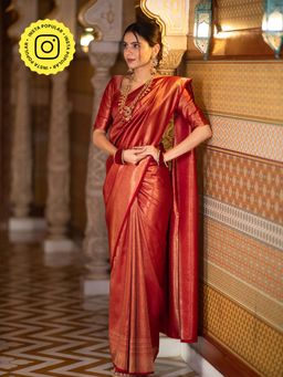 ZILIKAA - Scarlet Red Kanchipuram Silk Saree with Unstitched Blouse