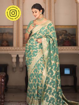 ZILIKAA - French Green Banarasi Minakari Khadi Weaved Georgette Saree and Unstitched Blouse