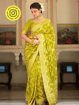 ZILIKAA - Baby Mehendi Banarasi Minakari Khadi Weaved Georgette Saree and Unstitched Blouse