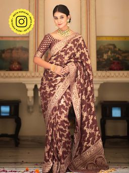 ZILIKAA - Caramel Brown Banarasi Minakari Khadi Weaved Georgette Saree and Unstitched Blouse
