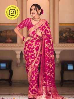 ZILIKAA - Queen Magenta Banarasi Minakari Khadi Weaved Georgette Saree and Unstitched Blouse