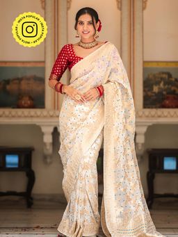 ZILIKAA - Ivory Special Banarasi Minakari Khadi Weaved Georgette Saree and Unstitched Blouse